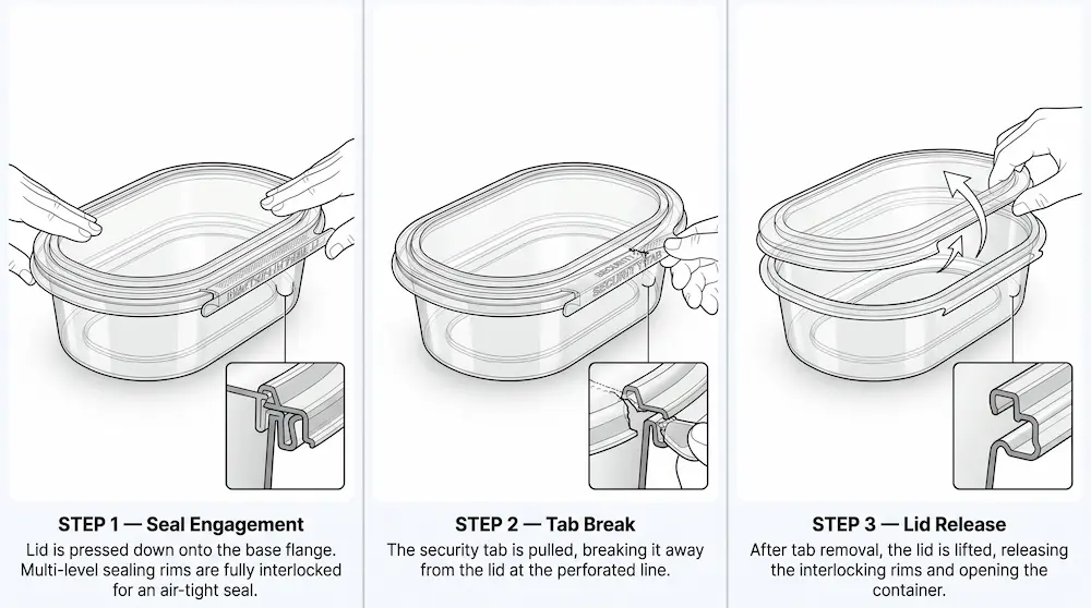Three step opening guide for single compartment tamper evident container