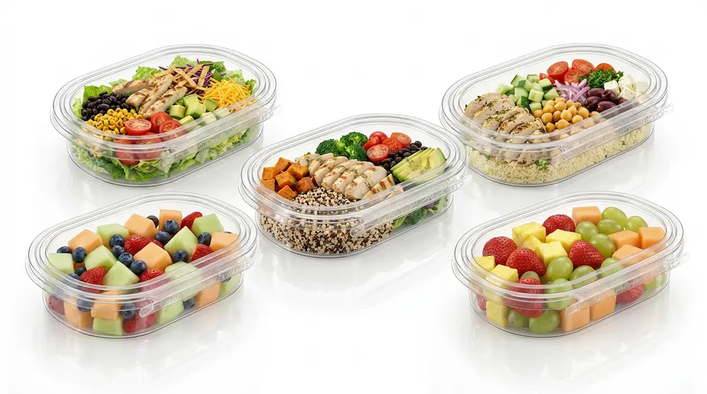 Single compartment tamper evident containers for salad fruit and ready meal packaging