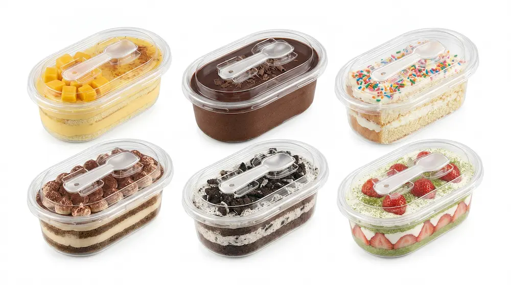 Six clear oval PET cake containers with spoon lids for assorted dessert packaging