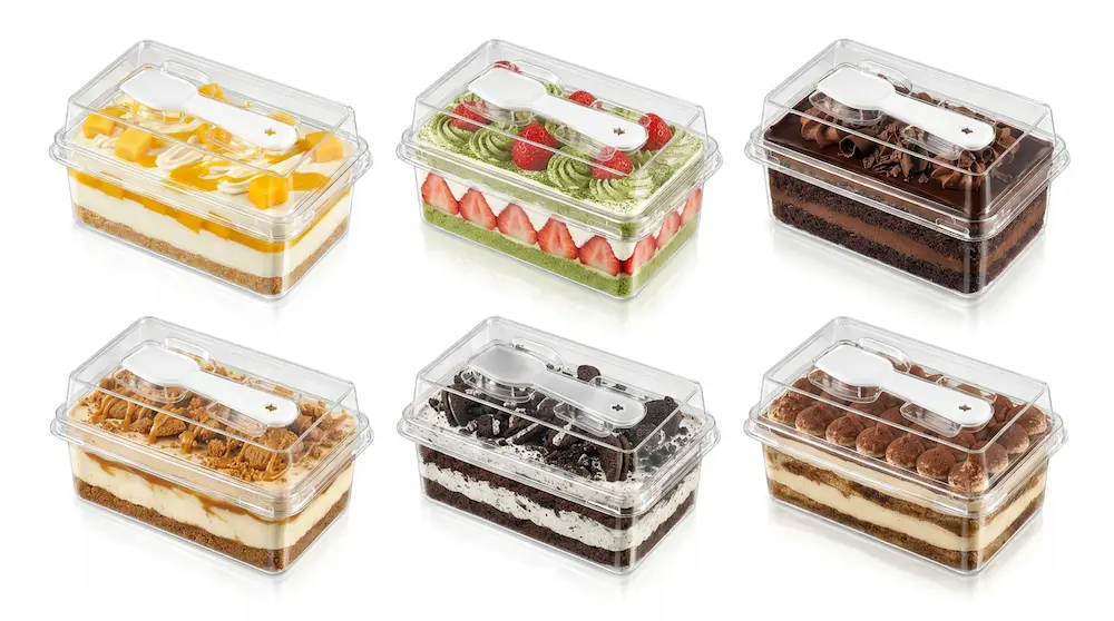 Six clear PET mini cake boxes with spoon lids for assorted cheesecake and dessert packaging