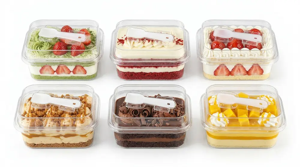 Six clear rectangular PET dessert boxes with spoon lids for assorted cake packaging