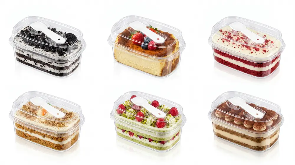 Six clear rectangular tall-lid PET cake boxes with integrated spoon lids for assorted desserts