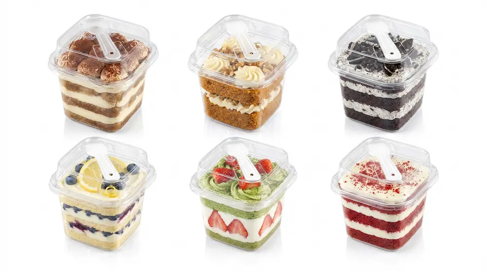 Six clear square tall PET dessert cups with spoon lids for assorted cake packaging
