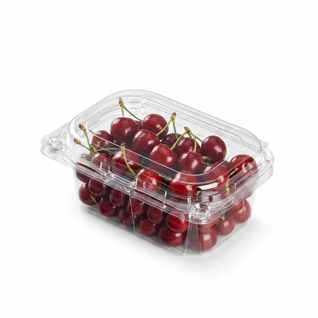 Small rectangular vented anti-fog fruit clamshell container filled with cherries