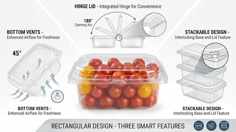 Small rectangular vented anti-fog fruit clamshell container with bottom vents hinge lid and stackable design