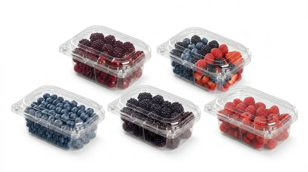 Small rectangular vented anti-fog fruit clamshell containers for assorted berries and fresh produce