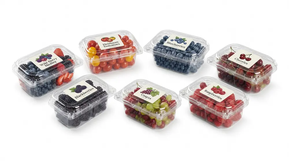 Small rectangular vented anti-fog fruit clamshell containers with printed produce labels