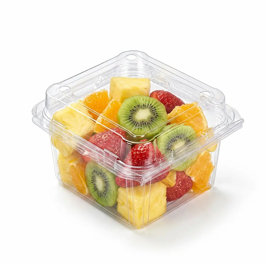 Small square vented anti-fog fruit clamshell container for cut fruit mix