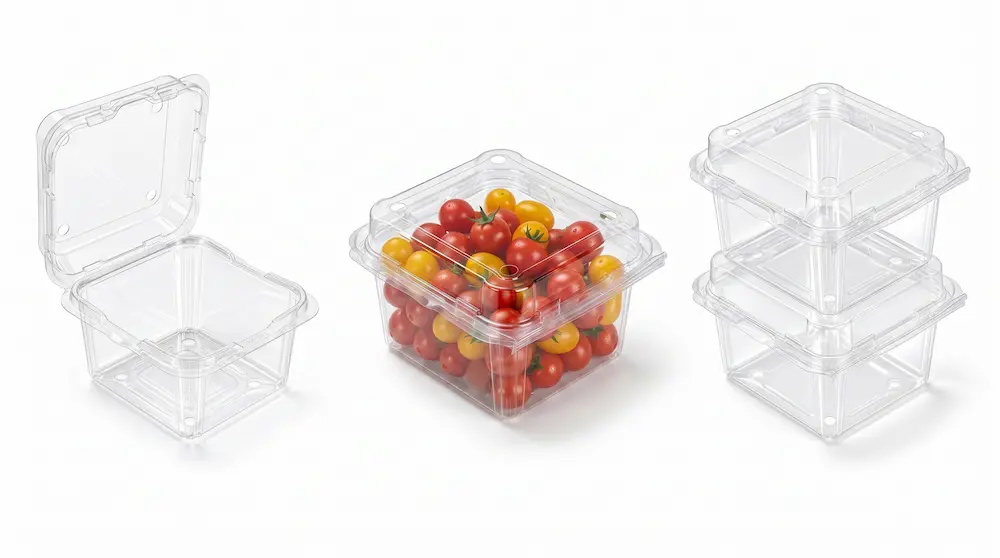 Small square vented anti-fog fruit clamshell container with open closed and stacked views