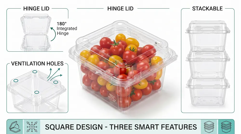 Small square vented anti-fog fruit clamshell container with hinge lid ventilation holes and stackable design
