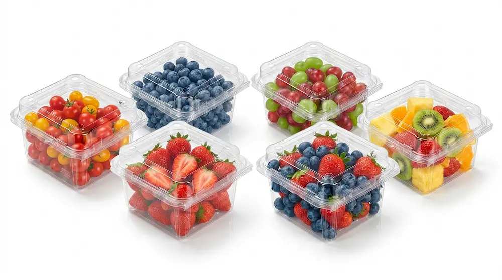 Small square vented anti-fog fruit clamshell containers for assorted fruit and produce packaging