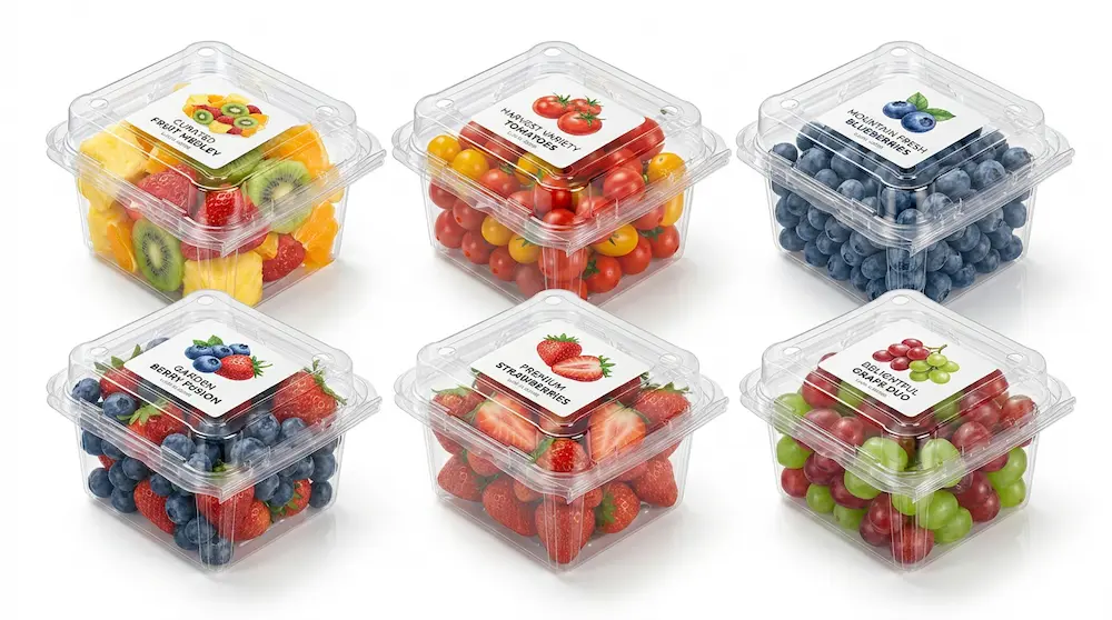 Small square vented anti-fog fruit clamshell containers with printed fruit labels