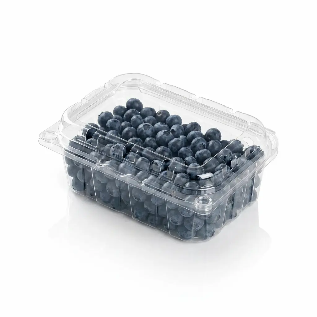 small-vented-anti-fog-fruit-clamshell-container-blueberries Small vented anti-fog fruit clamshell container filled with fresh blueberries