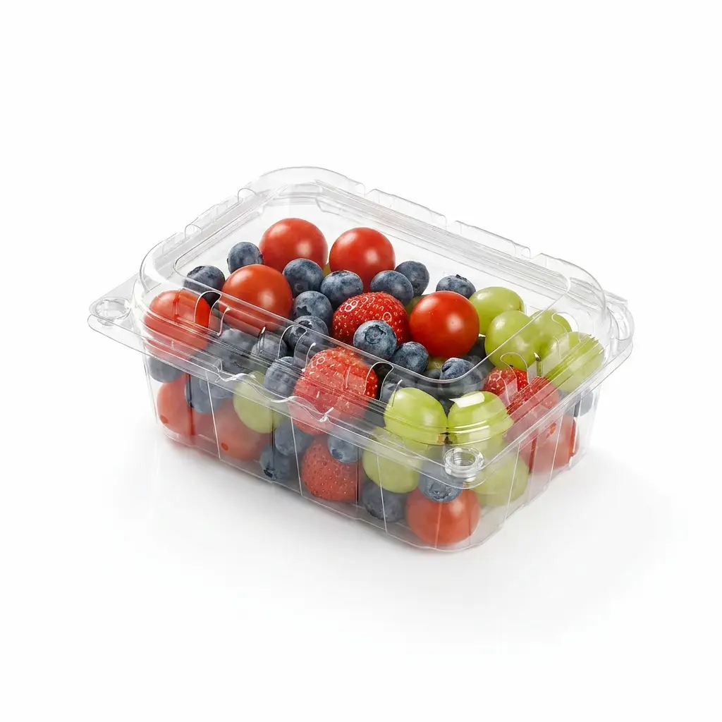 Small vented anti-fog fruit clamshell container for mixed fresh produce