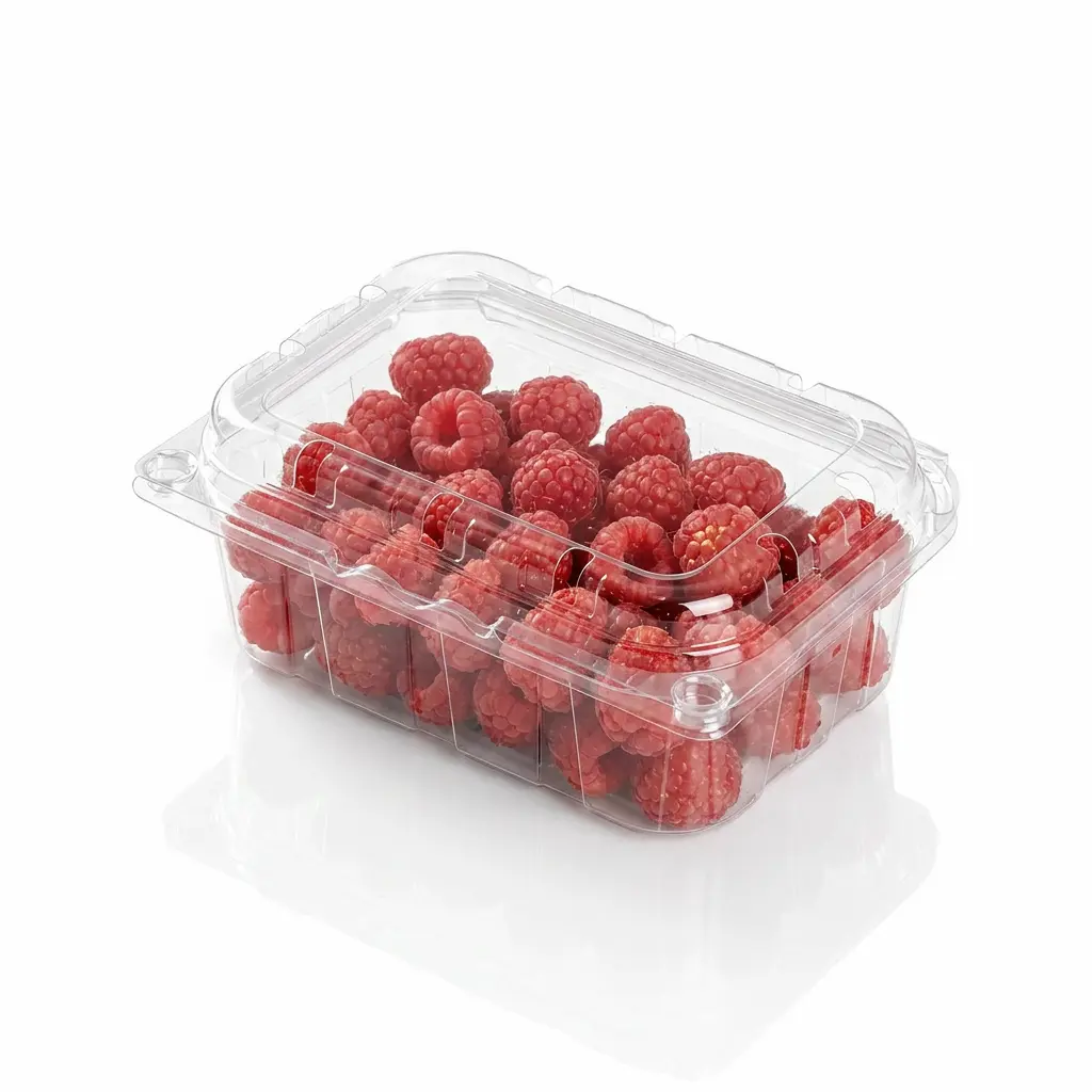small-vented-anti-fog-fruit-clamshell-container-raspberries Small vented anti-fog fruit clamshell container packed with raspberries