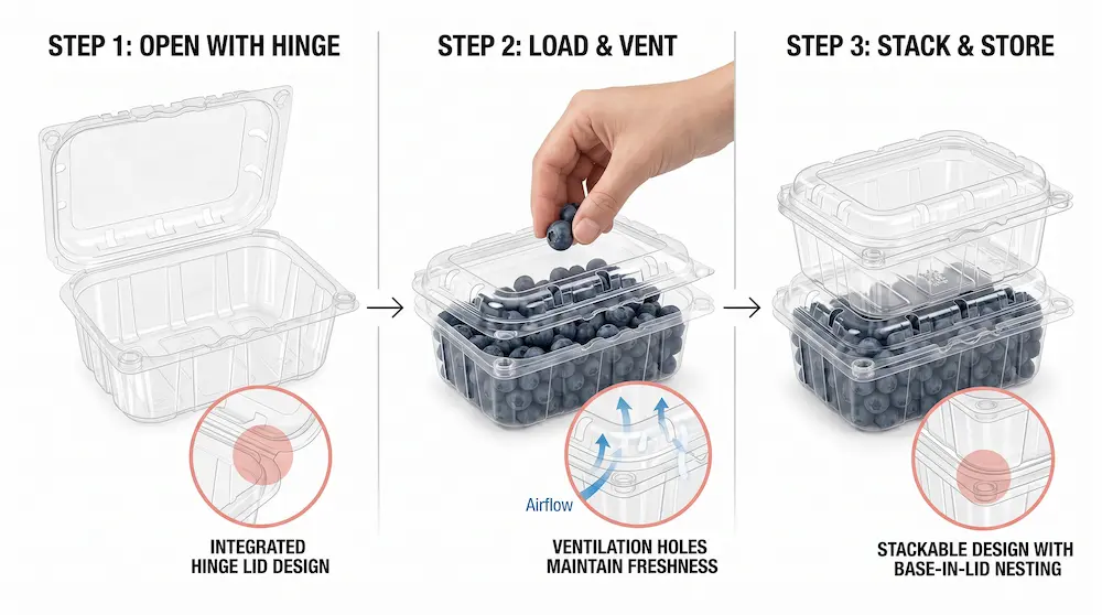Three-step guide for using small vented anti-fog fruit clamshell containers