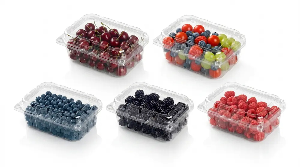 Small vented anti-fog fruit clamshell containers for assorted berries and fresh produce