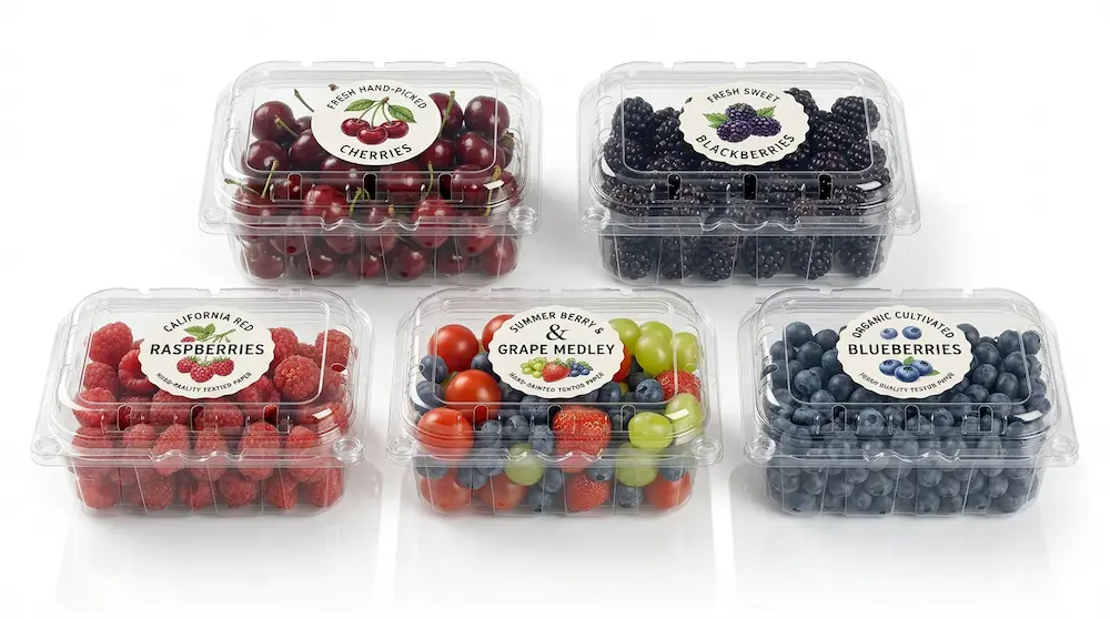 Small vented anti-fog fruit clamshell containers with printed fruit labels