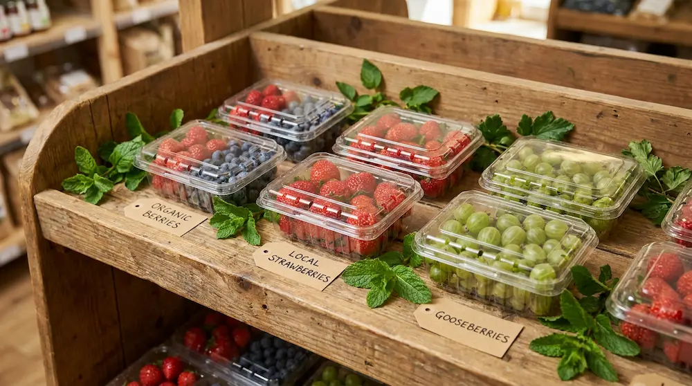 Small vented fruit clamshell containers for organic berries and local strawberries