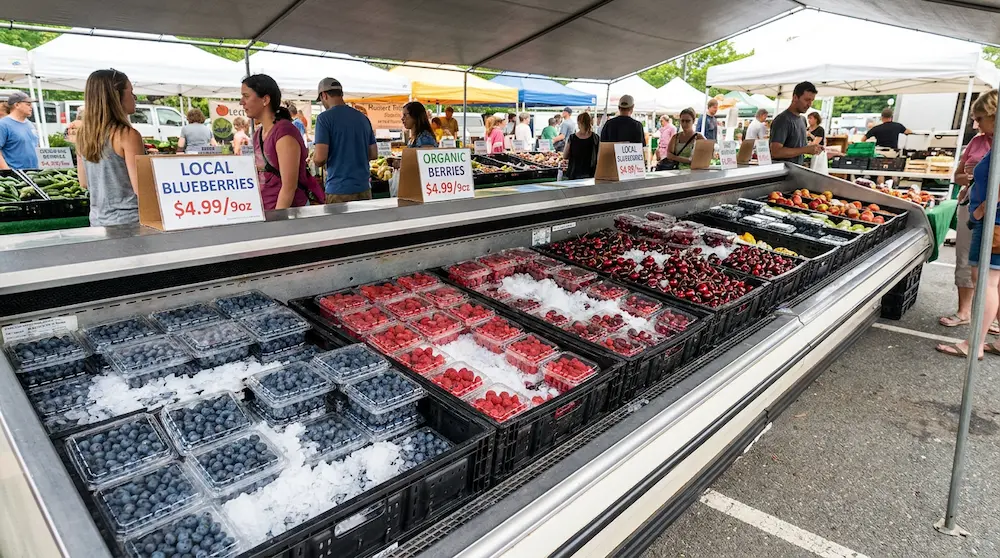 Small vented fruit clamshell containers displayed on ice at an outdoor berry market