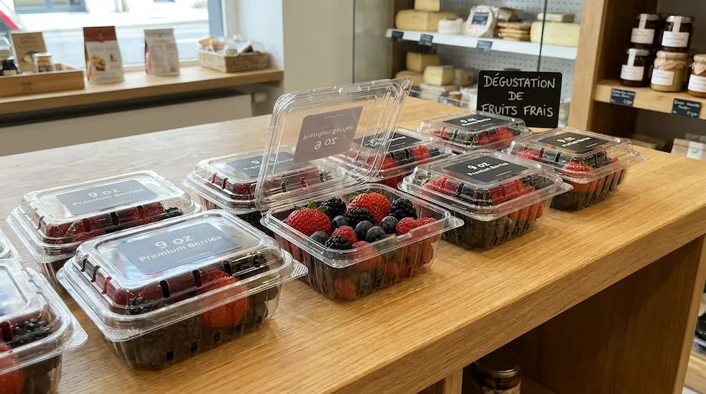 Small vented fruit clamshell containers for premium berry tasting and retail display