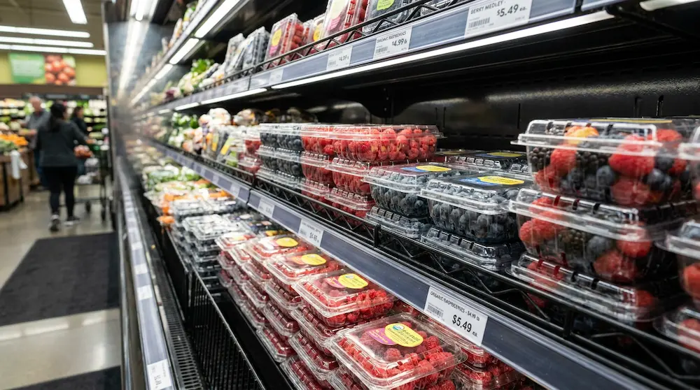 Small vented fruit clamshell containers on refrigerated supermarket produce shelf