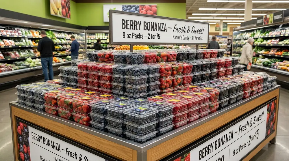 Small vented fruit clamshell containers stacked for supermarket berry promotion