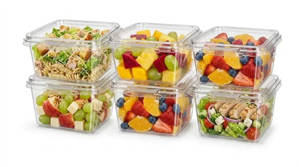 Stackable 12OZ/360ml Clear Square PET/RPET Tamper-Evident Containers for fresh food packaging