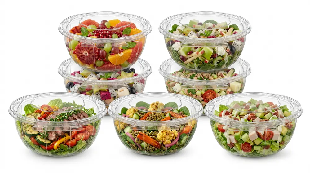 stackable 32 oz tamper evident PET bowls for fruit salad and ready meals