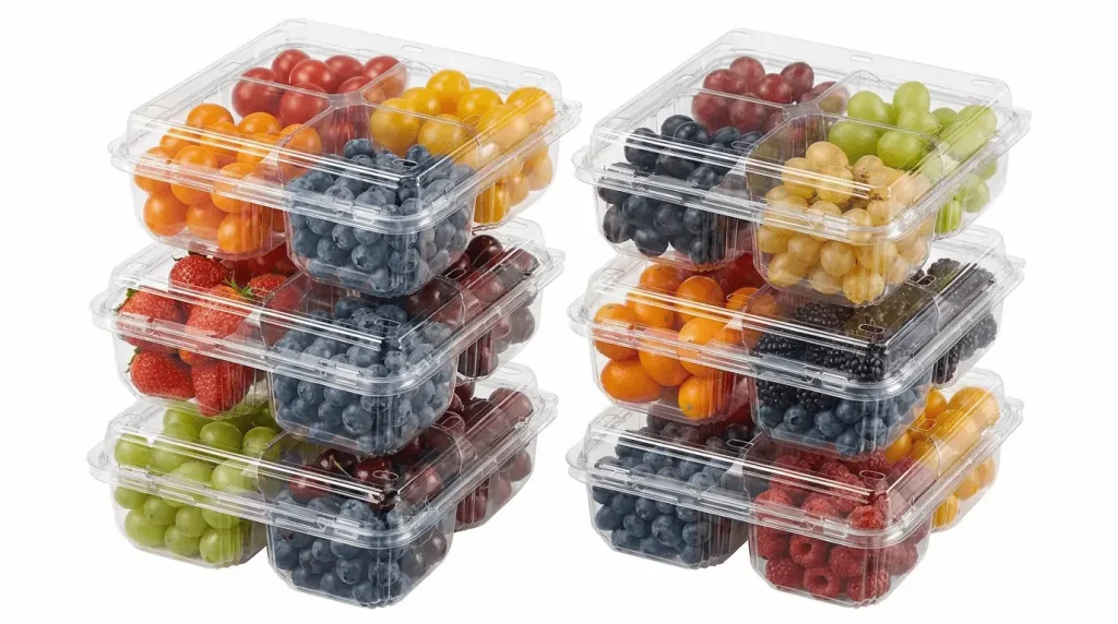 Stackable 4 Compartment PET Clamshell Containers for assorted berries, grapes, cherry tomatoes, and kumquat packaging