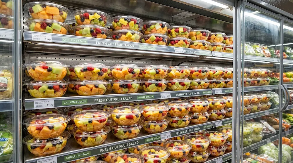 Stackable 40OZ PET salad bowls for fresh fruit salad in a supermarket chilled wall display