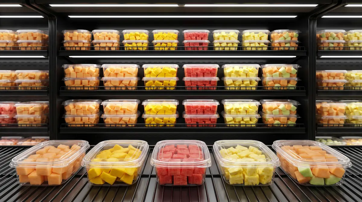 clear PET 500ML single-compartment fruit containers for watermelon, mango, pineapple, and strawberry cubes