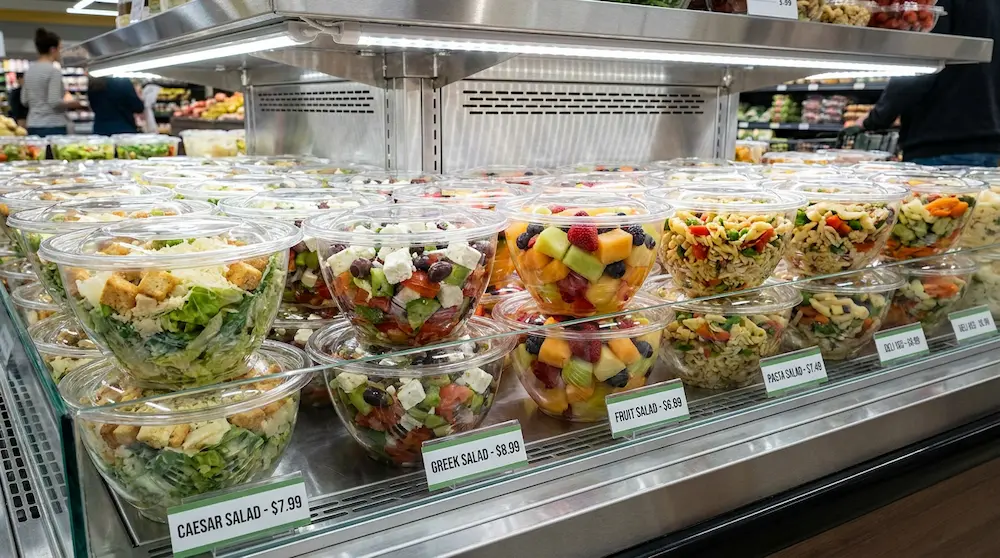 stackable PET salad bowls for supermarket prepared food island display