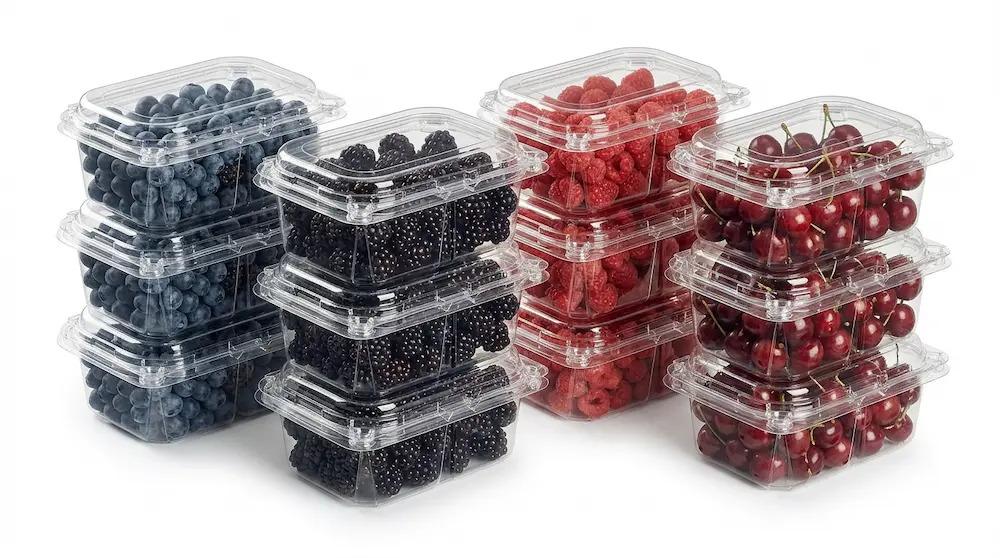 Stackable small rectangular vented anti-fog fruit clamshell containers for blueberries blackberries raspberries and cherries