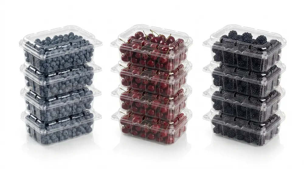 Stackable small vented anti-fog fruit clamshell containers for blueberries cherries and blackberries