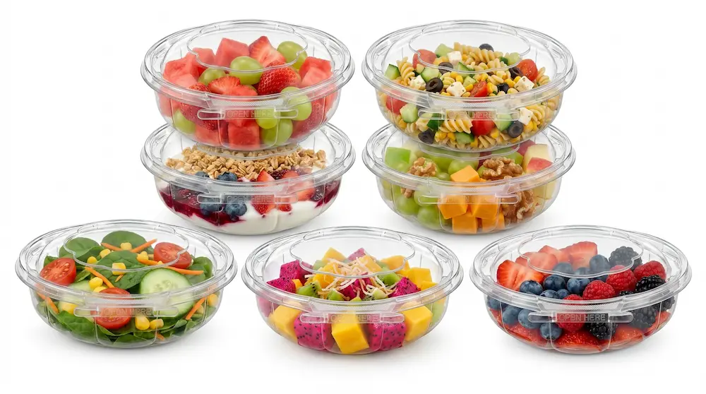 Stackable tamper evident clear PET round bowls for fruit salad yogurt and pasta packaging