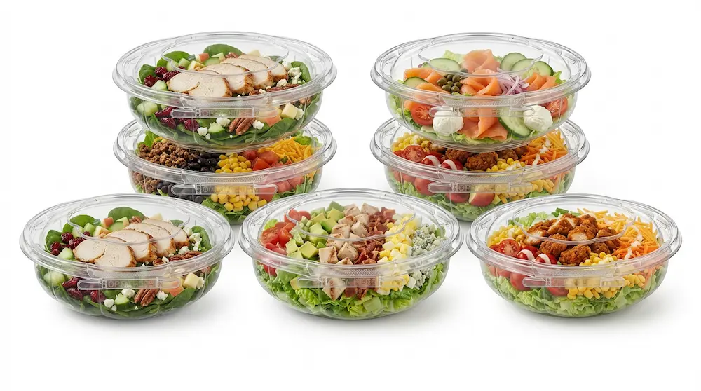 Stackable tamper evident clear PET round salad bowls with anti-fog dome lids