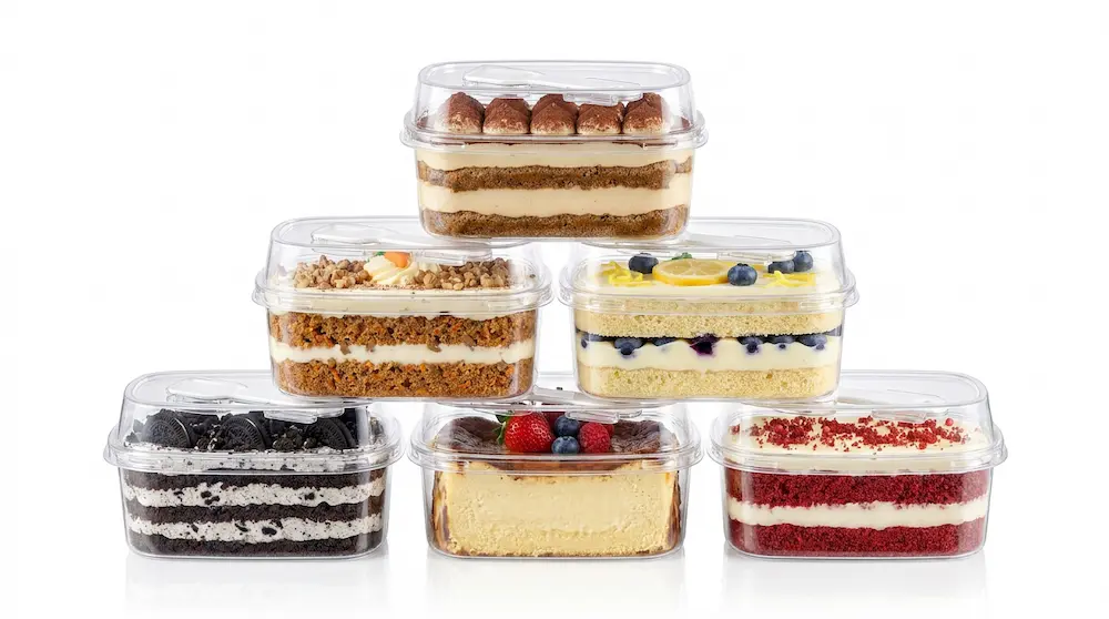 Stacked clear rectangular tall-lid PET dessert boxes for assorted bakery cakes