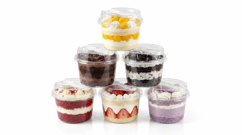 Stacked clear round PET dessert cups with spoon lids for assorted cake packaging