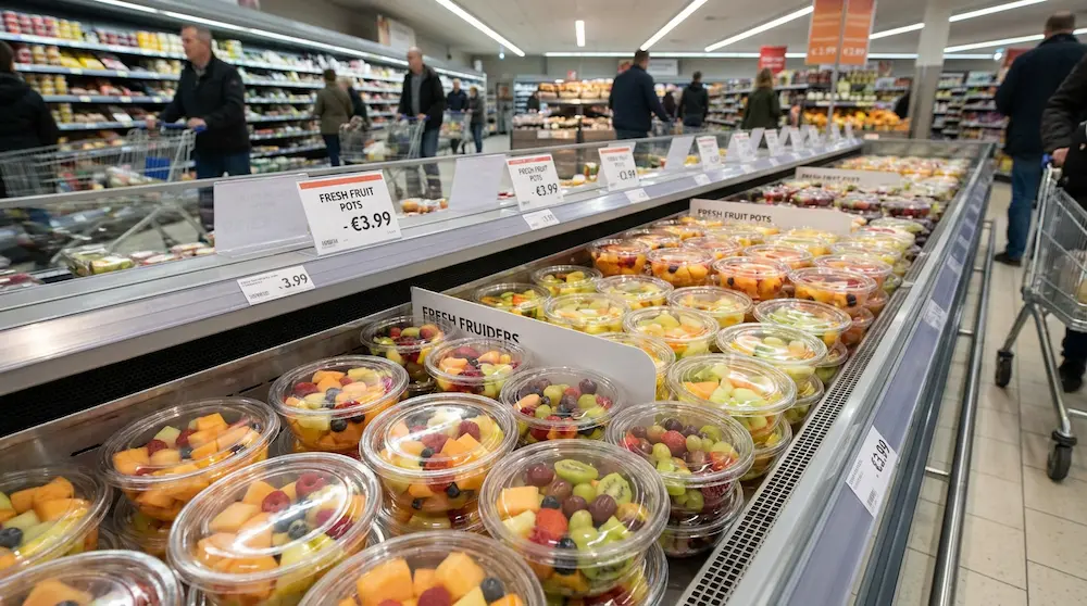 Tamper evident clear PET bowls with anti-fog dome lids for fresh fruit pots in a European supermarket chilled display