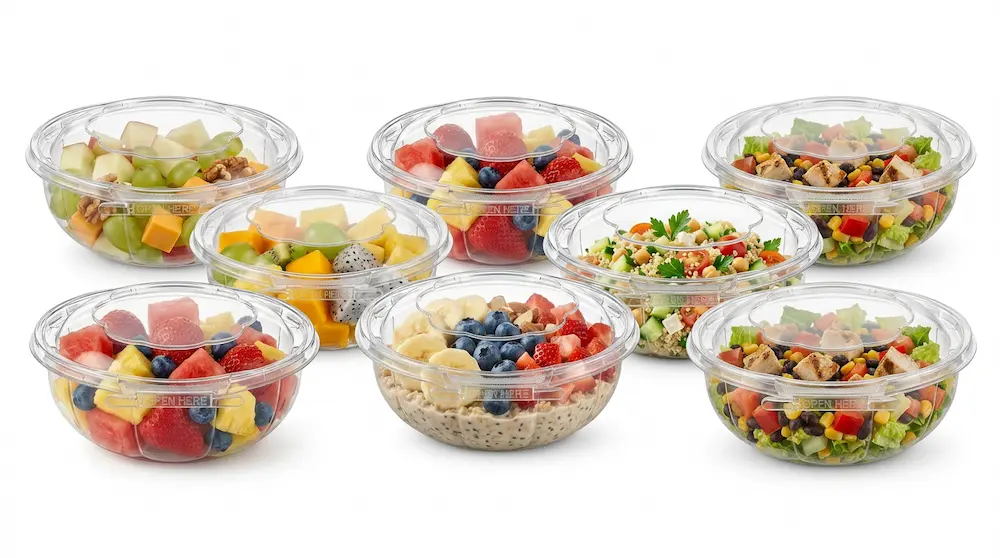 Tamper Evident Clear PET Bowl with Anti-Fog Dome Lid for Fresh Food Packaging