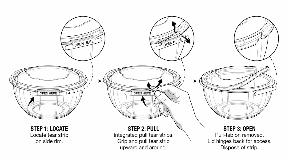Tamper evident clear PET bowl opening instruction with tear strip and hinged dome lid