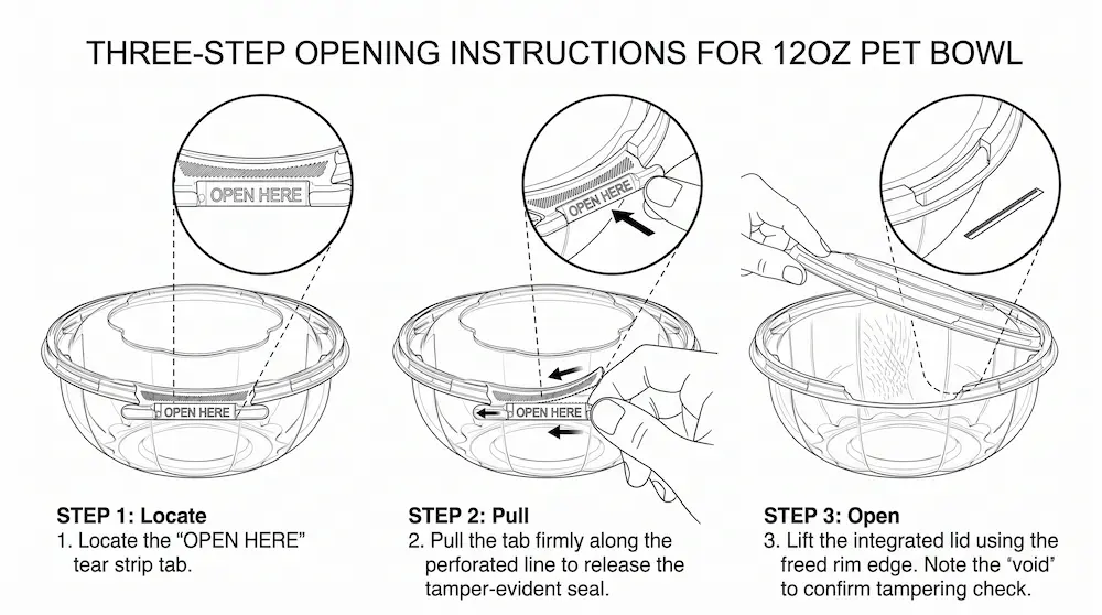 Three-Step Opening Instructions for Tamper Evident Clear PET Bowl with Anti-Fog Dome Lid