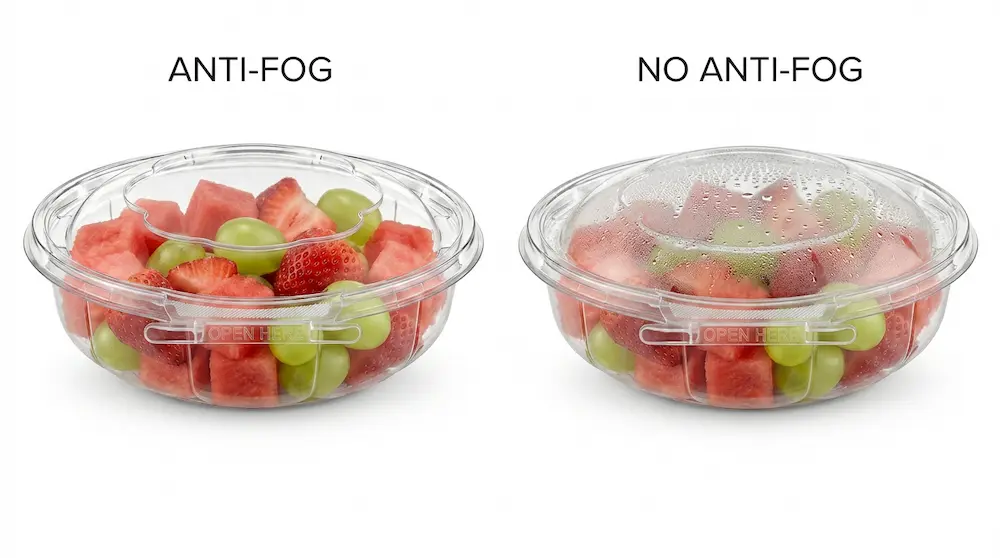 Tamper evident clear PET round bowl anti-fog and no anti-fog comparison