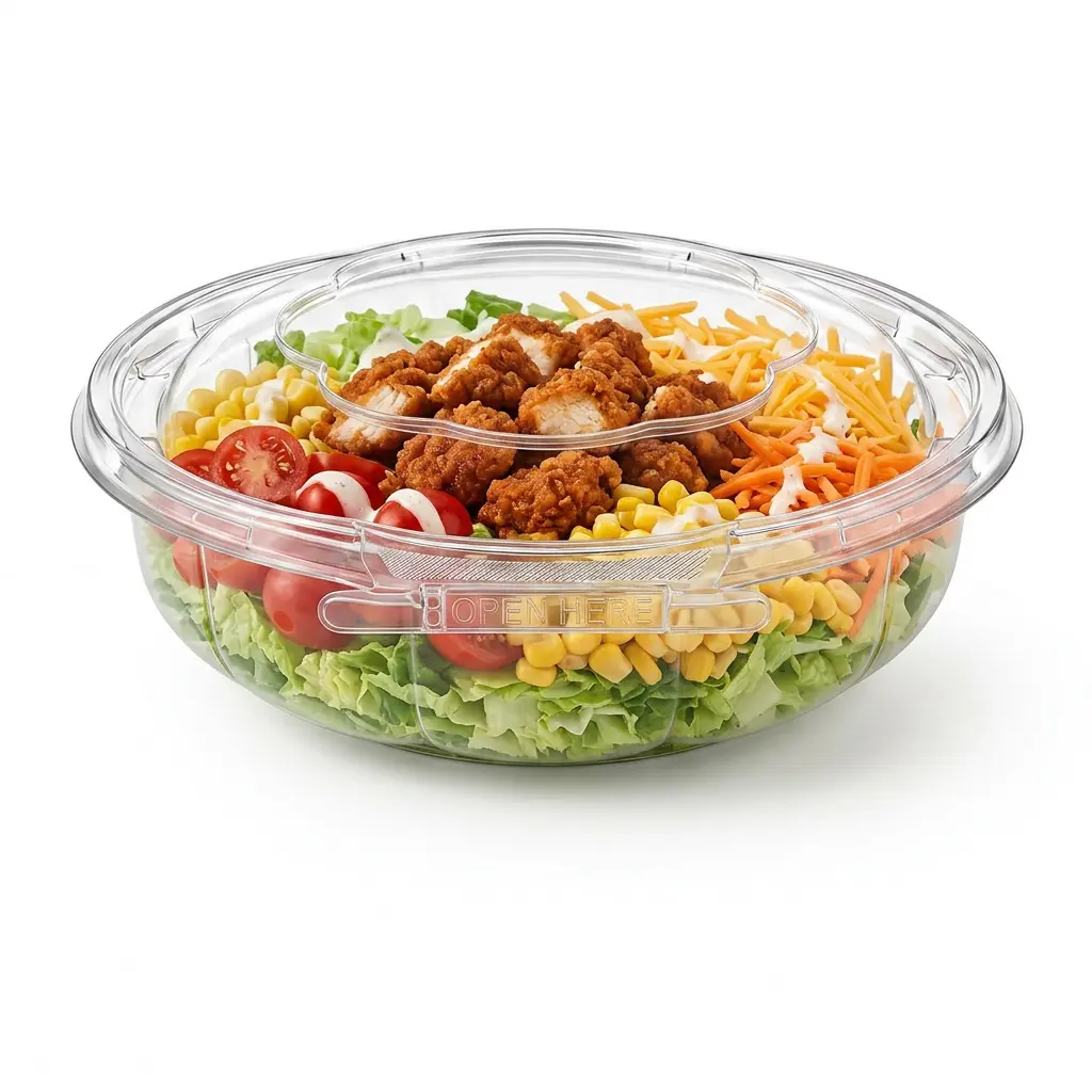 tamper-evident-clear-pet-round-bowl-buffalo-chicken-salad Tamper evident clear PET round bowl with anti-fog dome lid for buffalo chicken ranch chopped salad