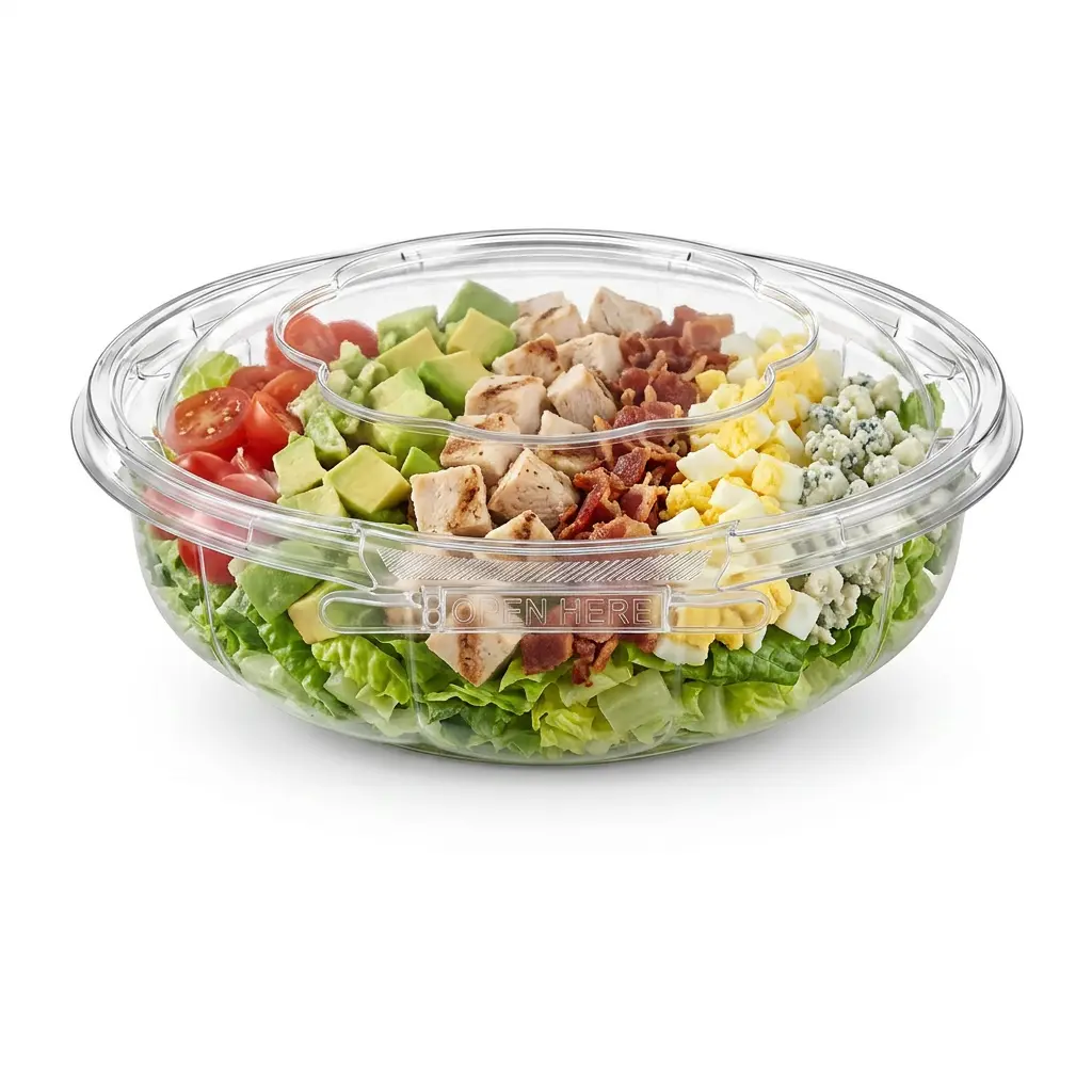 Tamper evident clear PET round bowl with anti-fog lid for cobb salad packaging