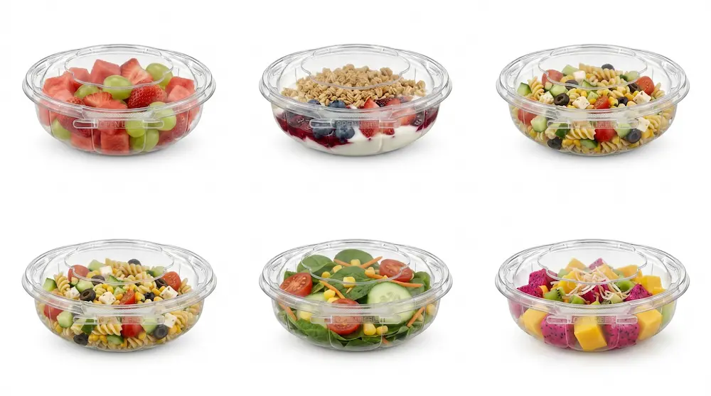 Tamper evident clear PET round bowl food application range for fruit salad and pasta
