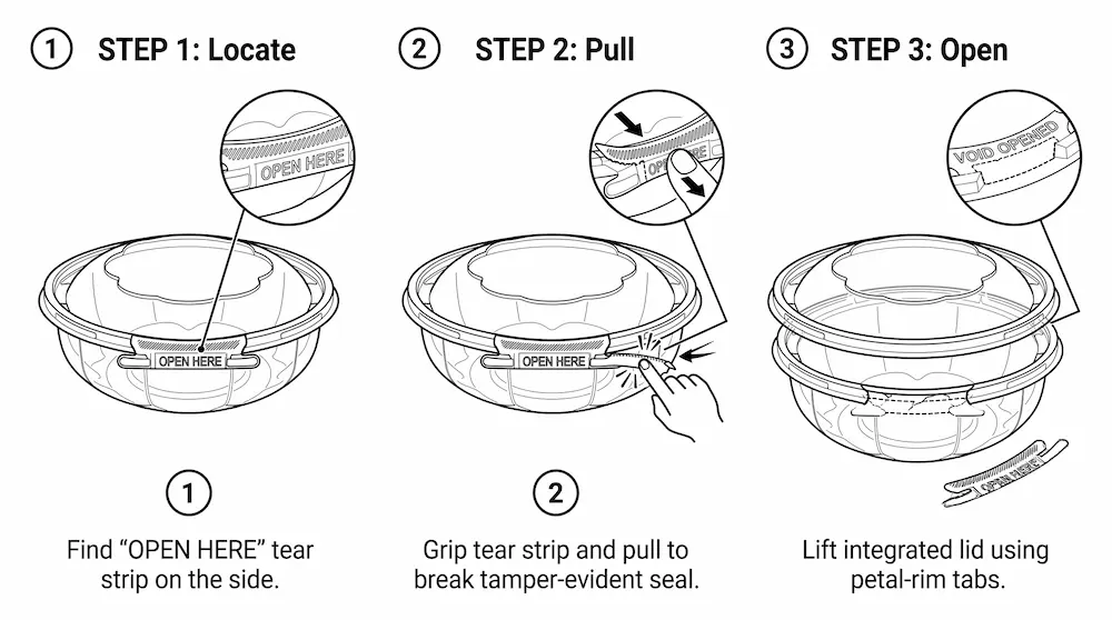 Tamper evident clear PET round bowl opening guide with open here tear strip