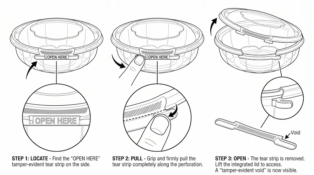 Tamper evident clear PET round bowl opening instruction with OPEN HERE tear strip and anti-fog dome lid