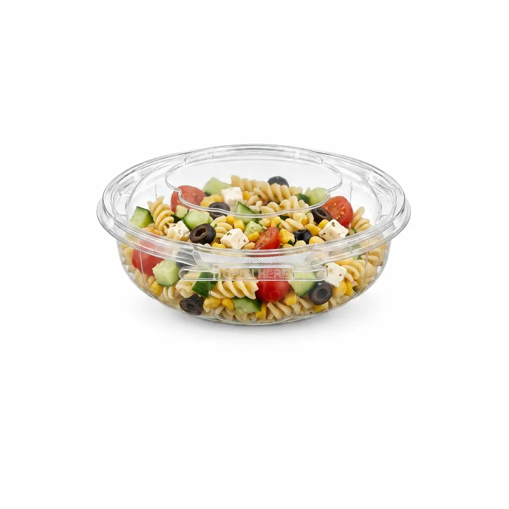 Tamper evident clear PET round bowl for pasta salad packaging